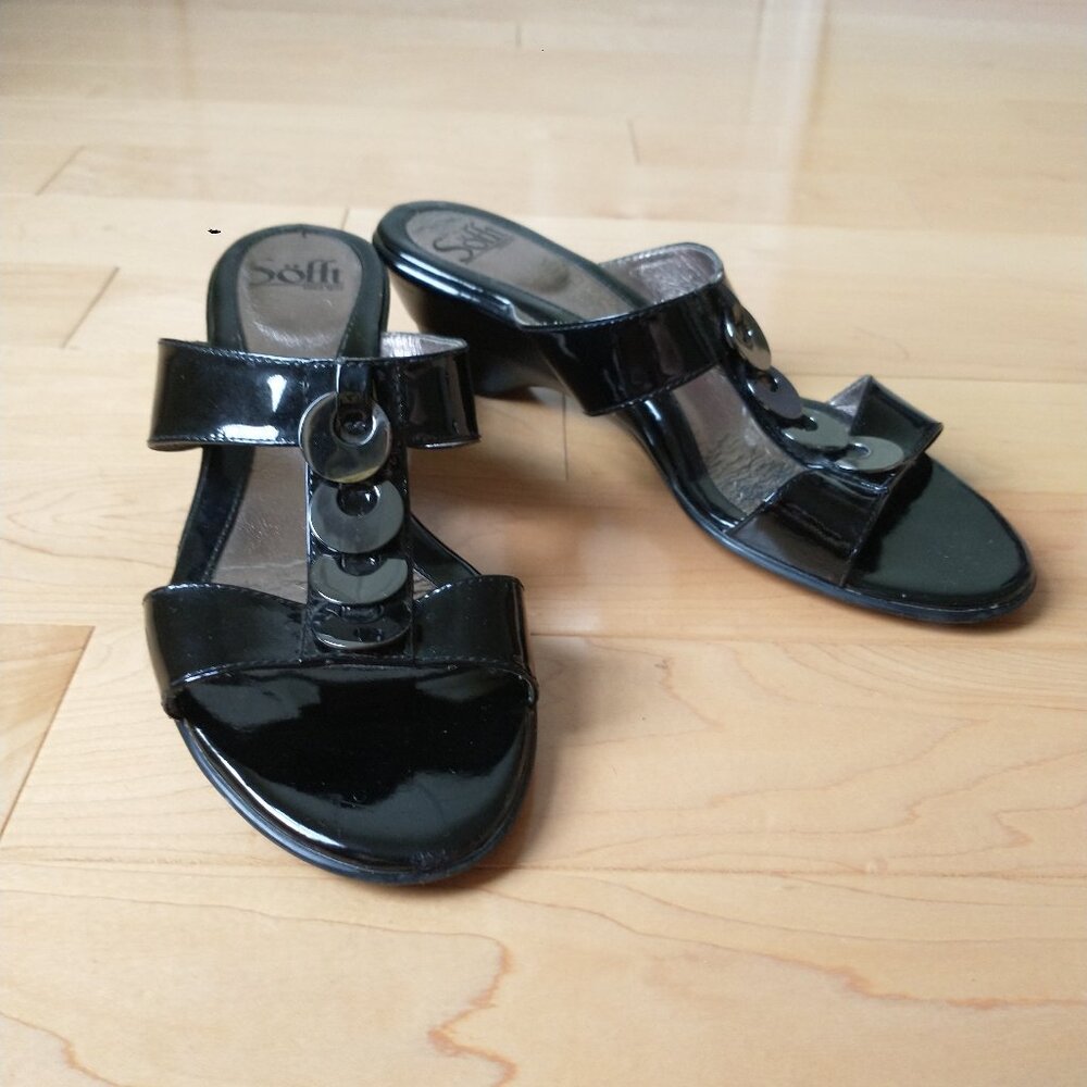 SOFFT Black Patent Leather Wedge Heeled Slide on Sandals 9M